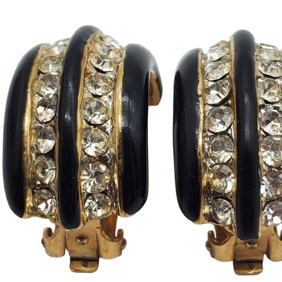 Black Gold Half Hoop Earrings Clip On Enamel Rhinestone Donald Stannard Vintage - Picture 3 of 5